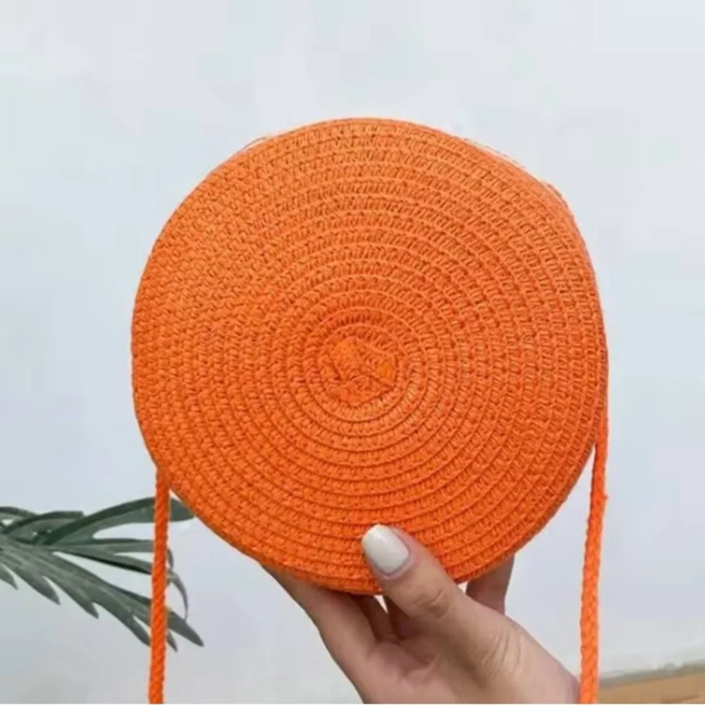 Round Orange Straw Raffia Woven Circle Bag Purse Handbag Summer Crossbody Bright - Picture 2 of 8